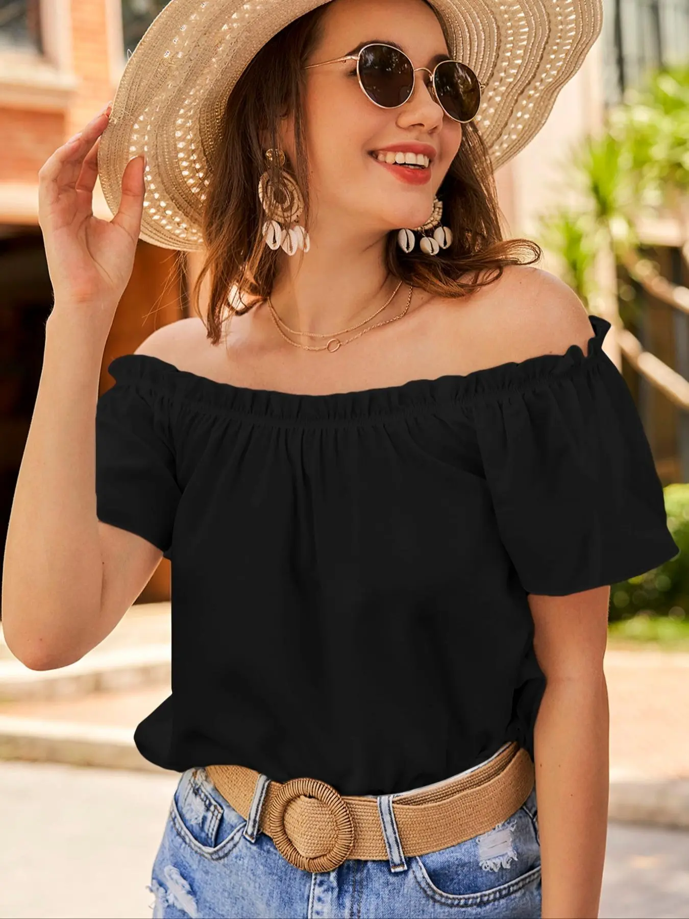 Women's Plain Frill Trim Off Shoulder Blouse, Elegant Short Sleeve Top for Summer, Ladies Clothes for Daily Wear