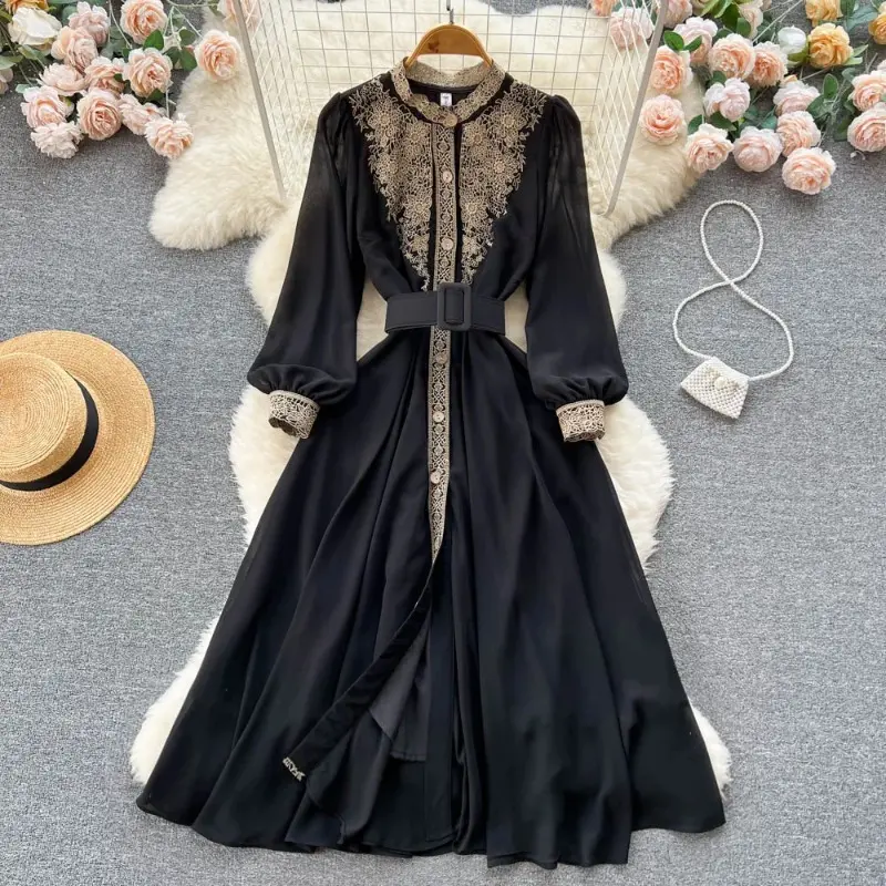 Váy Đen Cổ Điển Dành Cho Phụ Nữ, Phong Cách Mùa Thu Đông, Tay Áo Dài, Đề Can Thêu, Ren, Thanh Lịch, Váy Mỏng Chữ A, Thích Hợp Cho Bữa Tiệc, Hàng Mới Về