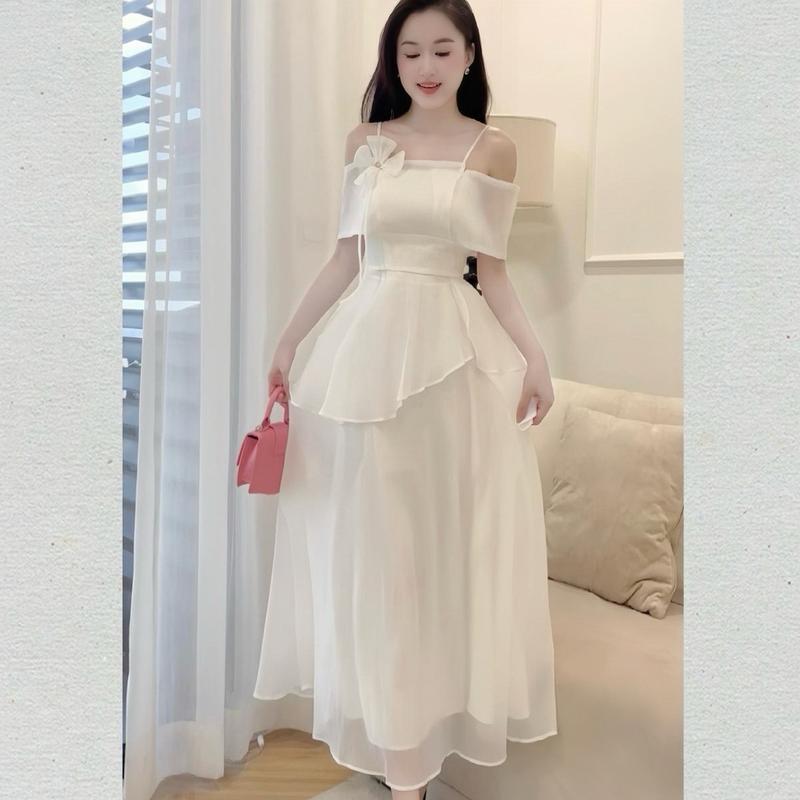 Váy Dự Tiệc Tiểu Thư Màu Trắng Trễ Vai Dáng Xoè Dài ĐÍNH HOA Sang Trọng Chất Tơ Ánh Nhũ Lót Đúp Hai Lót Có Dây Vai Phong Cách Thanh Lịch Dành cho Nữ - TQ267 Dress Voi Women Voan