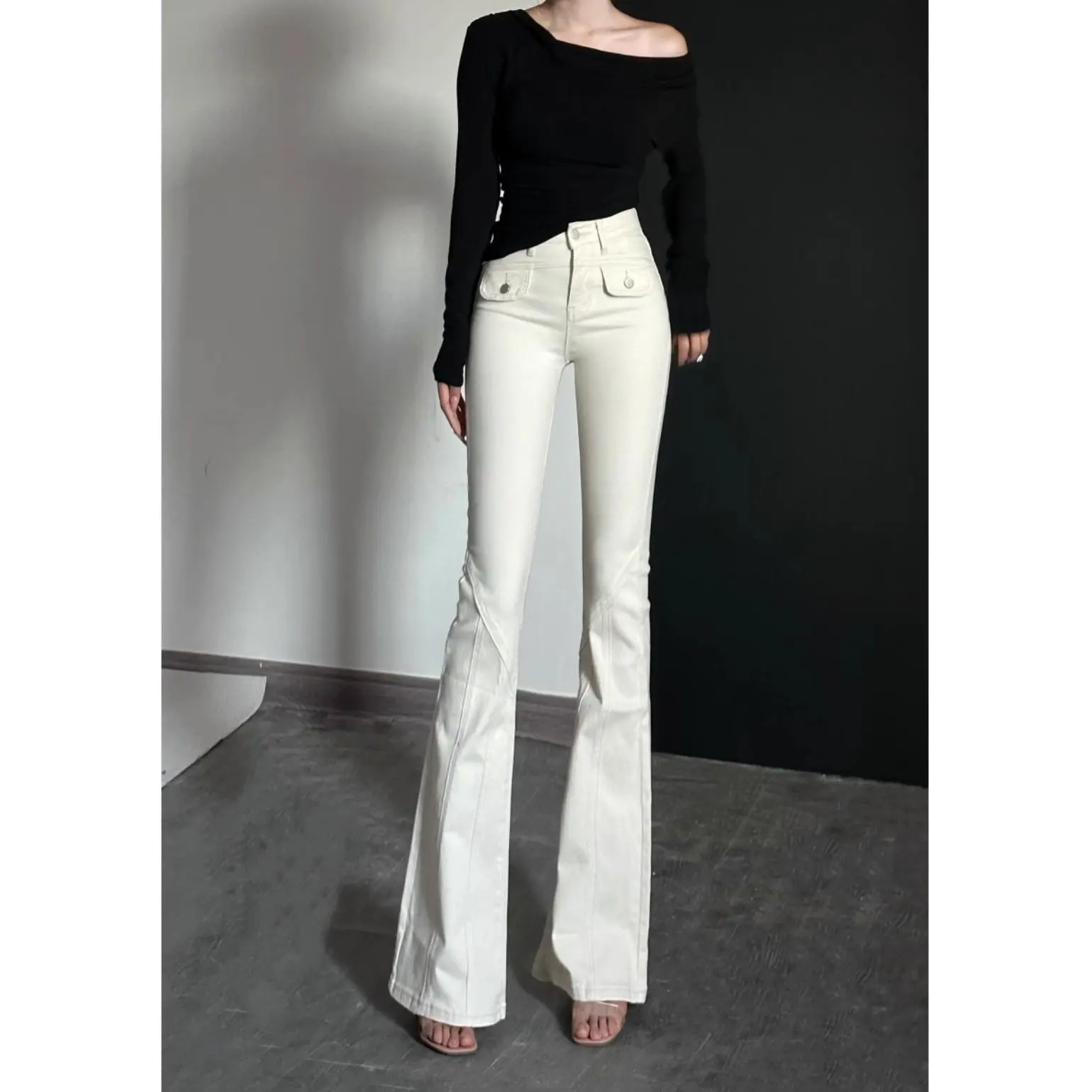 Quần Jean Bootcut Cạp Cao Màu Trắng Kem, Dành Cho Nữ, Mùa Thu Và Mùa Đông 2024, Quần Ôm Sát, Dáng Ôm Women Pants