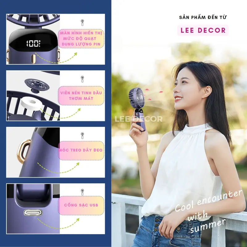 Quạt Tích Điện CHÍNH HÃNG Cao Cấp 10.000mAh , Tặng Kèm Viên Nén & Lọ Tinh Dầu & Sticker, Màn Hình Led Trực Quan, 5 Cấp Độ Gió Sử Dụng 12-15 Tiếng, Giá Đỡ Điện Thoại, Dây Đeo Cổ Du Lịch Hè. 2