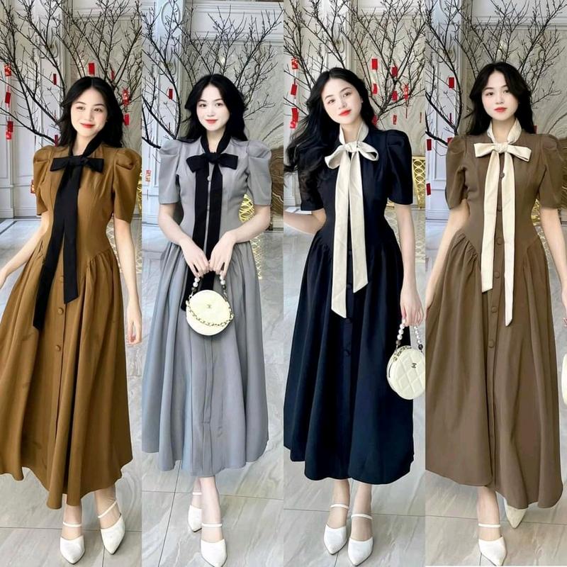 Đầm maxi cổ nơ cúc bọc mã mb17
