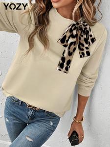 YOZY Women's Leopard Print Bow Front Pullover Sweatshirt, Casual Long Sleeve Crew Neck Jumper for Spring & Fall, Fashion Ladies' Knit Clothing for Daily Wear