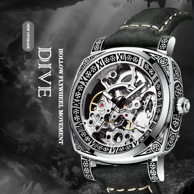 Đồng hồ cơ Automatic chính hãng BINBOND TV9 2024 thiết kế mới hoa văn cổ điển - Dây da lộn - Lộ cơ trước sau chống nước 30M 5