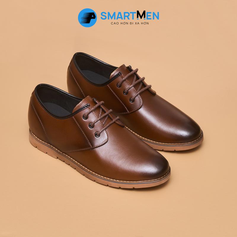 Giày da nam cột dây GD6-05-N màu nâu thiết kế và sản xuất bởi Smartmen da bò đế cao su đúc nguyên khối có đệm khí êm ái tăng chiều cao BÍ MẬT 5cm thoải mái di chuyển.