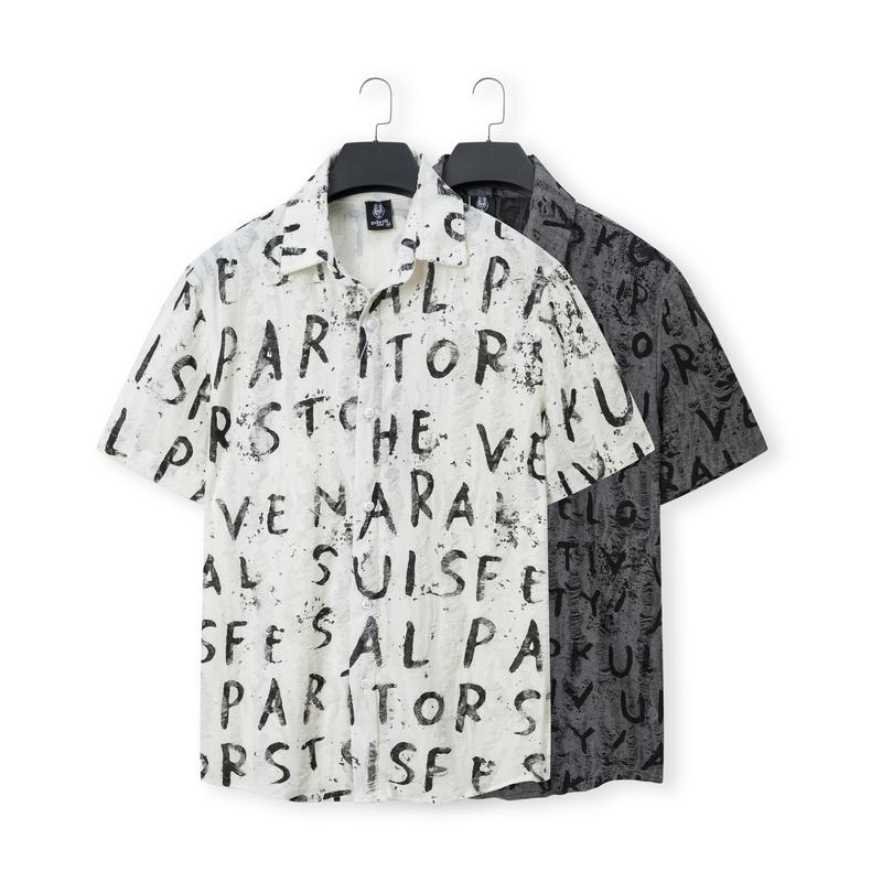 Áo sơ mi cộc tay cotton wat họa tiết chữ cái  AT- 76 a( Quân còi 1988 ) Menswear Nam Cổ Tròn