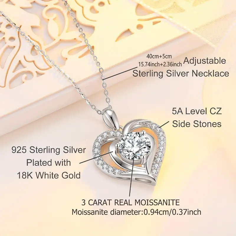 LOVESSOM 3 Carat Moissanite Heart Pendant Necklace, 925 Sterling Silver, 18K Golden Plated, Elegant Luxury Daily & Banquet Accessory, Perfect for Valentine'S Day & Mother'S Day Gift 1