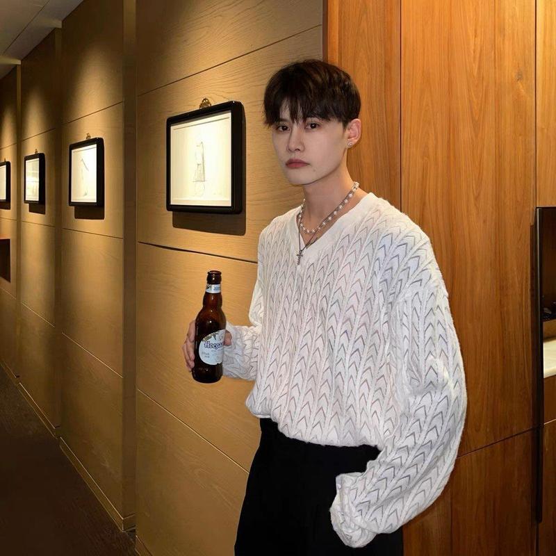 Áo thun nam tay dài len đan V cổ tim