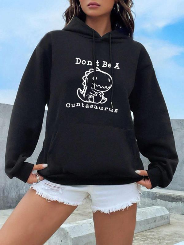 Women's Dinosaur & Letter Print Drop Shoulder Hoodie, Fashion Drawstring Kangaroo Pocket Hooded Sweatshirt, Ladies Clothes for Fall 4