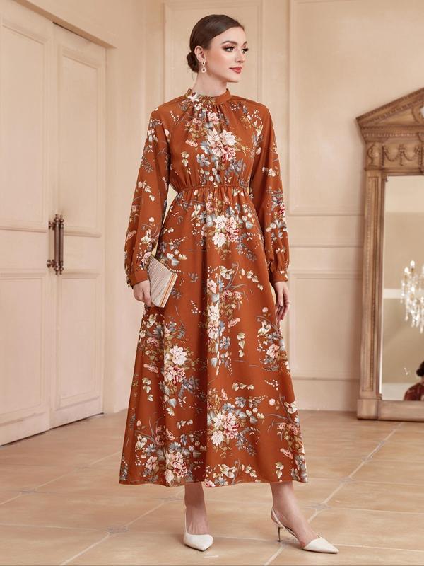 Women's Floral Print Bishop Long Sleeve Mock Neck A-line Long Dress, Boho Flared Dresses, Summer Outfits 2024, Lady's Spring & Autumn Clothes 8