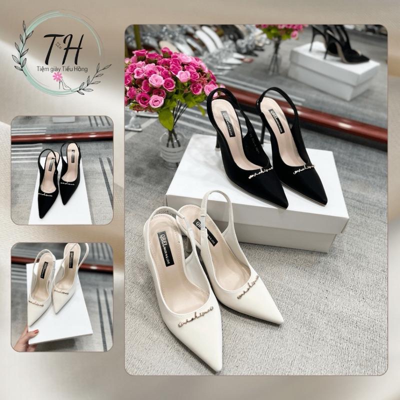 Giày cao gót nữ mũi nhọn chất tuyết nhung mềm cao cấp, hở gót, hiệu chữ ký ,2 kiểu màu: đen,kem gót 5p 7p H08 Women DéP Shoes Sandal TH30