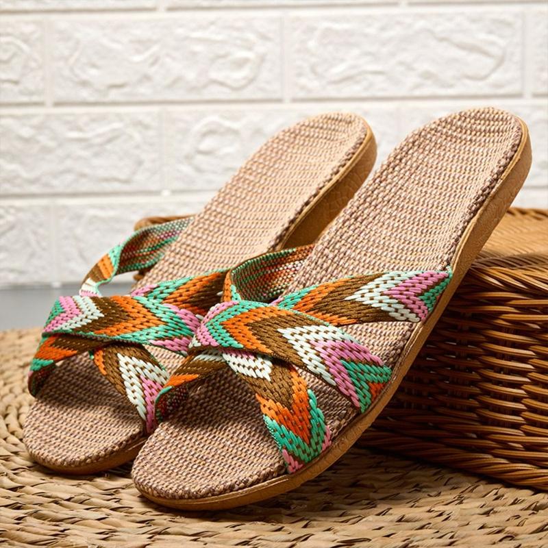 Product Introduction of Fashion Ethnic Style Linen Slippers Non-Slip Stripe Indoor Slippers Sweat Absorption Soft Flat Slippers Bedroom 17