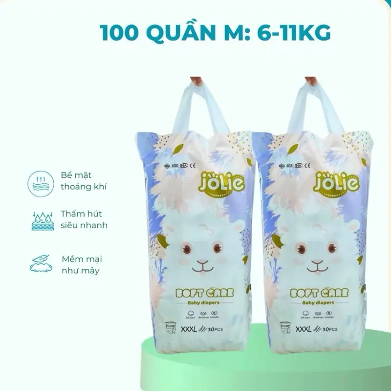 (Miễn ship) Combo 100 miếng bỉm quần/tã dán JOLIE loại 1, đủ size M/L/XL/2XL/3XL/4XL cho bé cotton mát lạnh tã dán và tã quần 5