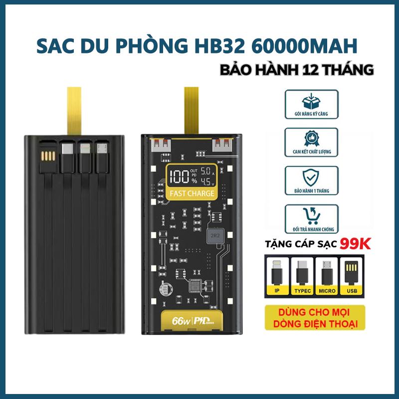 [24 giờ gửi] Sạc Dự Phòng HB32 60000mah, Sạc Nhanh PD 66W/20W,Thiết Kế Trong Suốt, Có Đồng Hồ Hiển Thị %Pin, Hiệu Điện Thế U(V), Cường Độ Dòng Điện  (Ampe) Có Đèn Ngủ, Bảo Hành 12 Tháng Sạc Pin