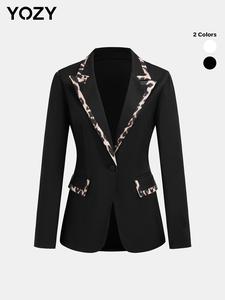 YOZY Women's Leopard Patchwork Print Contrast Binding Blazer, Elegant Long Sleeve Button Front Blazer for Work Office Business, Ladies Spring & Fall Clothes