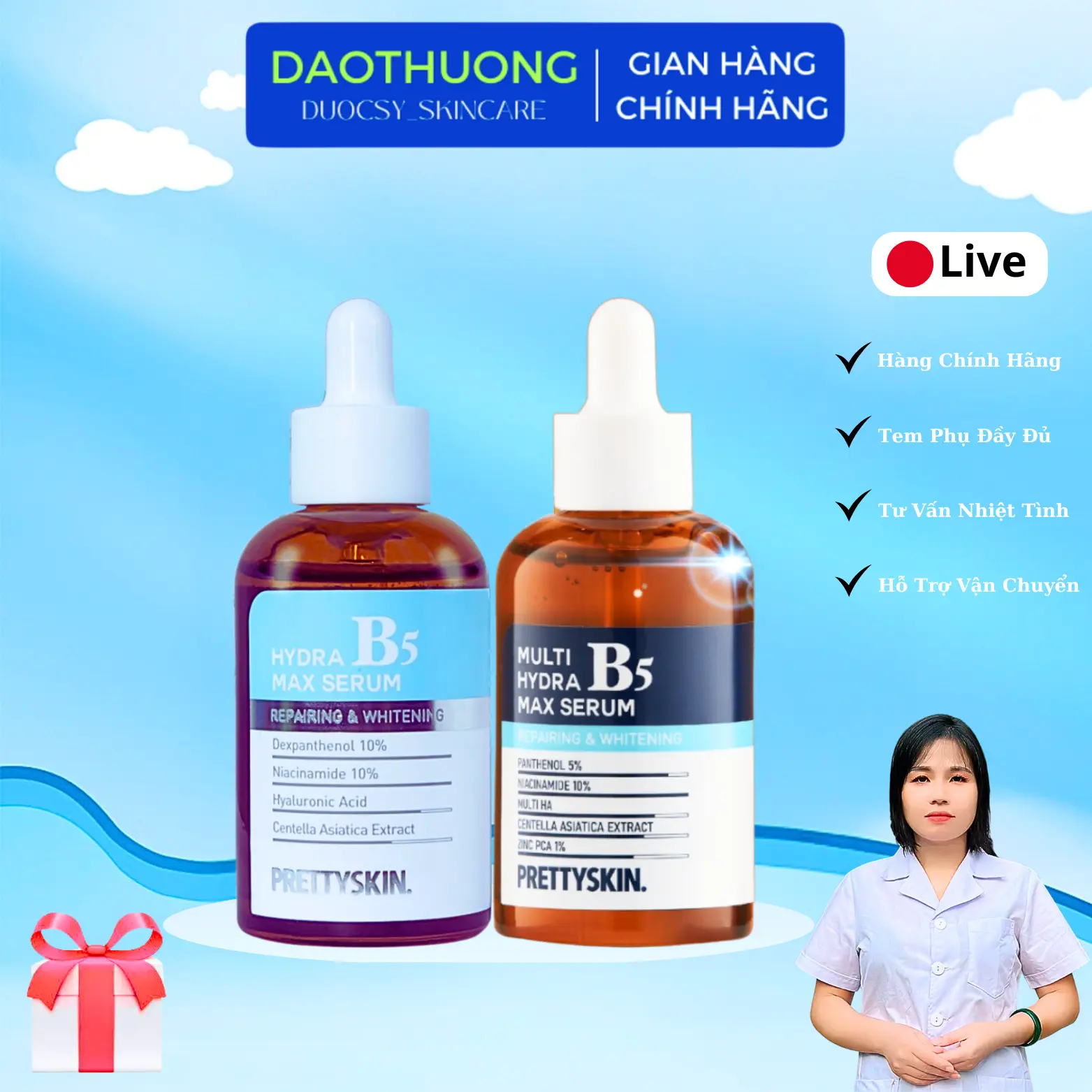 Prettyskin: Tinh Chất Hydra B5 Max Serum da khô (Lọ 50ml) và Tinh Chất Multi Hydra B5 Max Serum da dầu (Lọ 50ml) Skincare Chăm Sóc Da Nữ Women chống lão hóa cấp cho