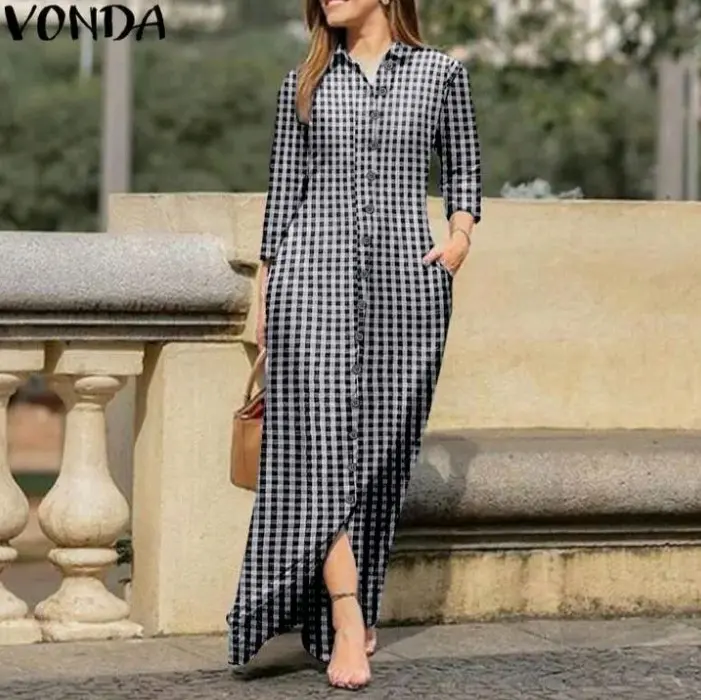 Kemeja kotak panjang terbaru Casual Wanita Dress Baju Midi Katun Hitam Atasan