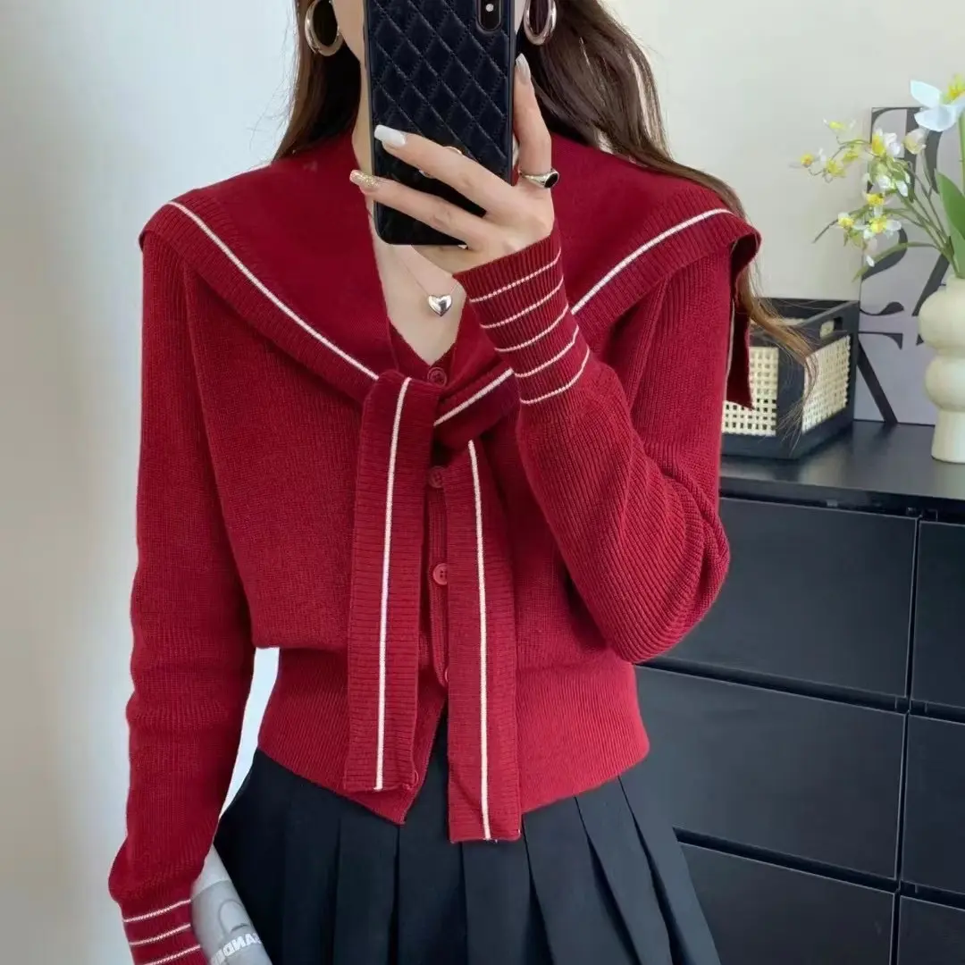 Đồ Len, Phong Cách Nhẹ Nhàng, Dài Tay, Dành Cho Phụ Nữ, Mùa Thu, Cổ Thủy Thủ, ngắn Buộc Dây Áo Len Sọc áo  len