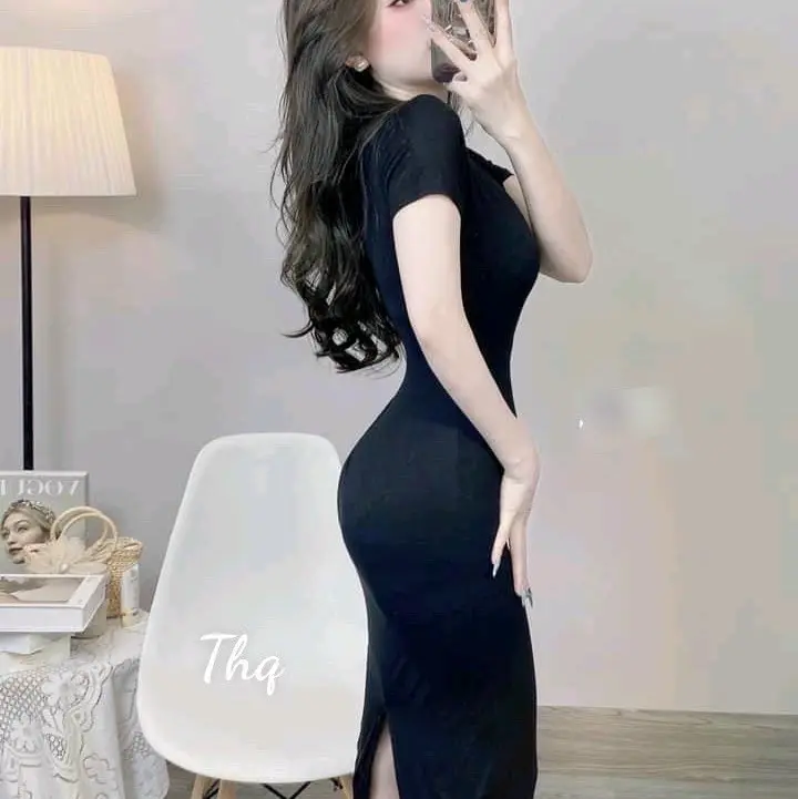 váy body sẻ sau dáng dài chất zip co giãn tốt cổ tròn tay cộc 3