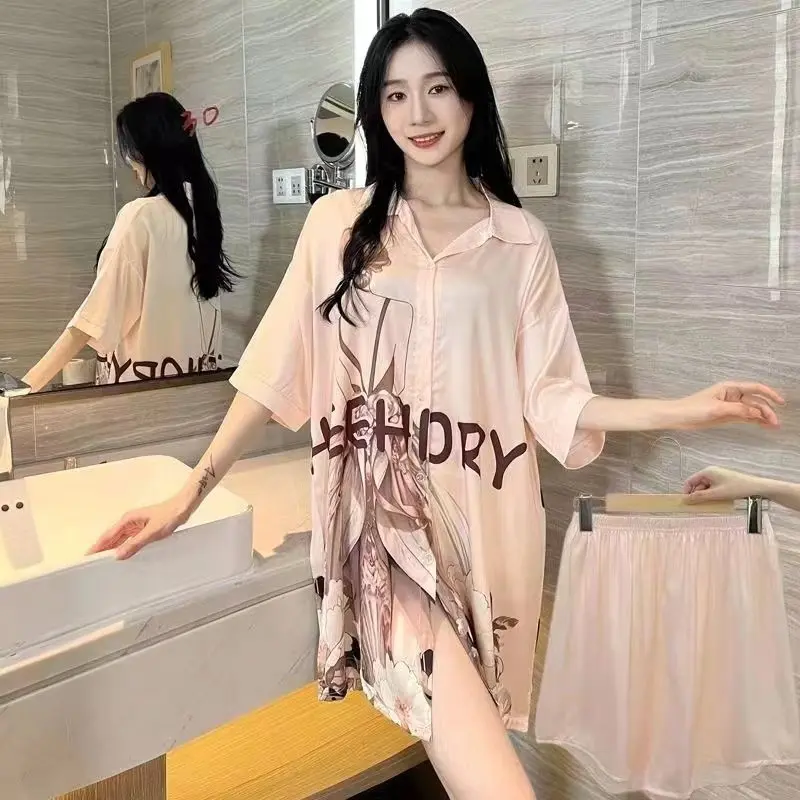 🌙 2025 Luxury Ice Silk Nightdress Set | Romantic Short-Sleeve Cover-Up | Loungewear & Sleepwear 💫**
