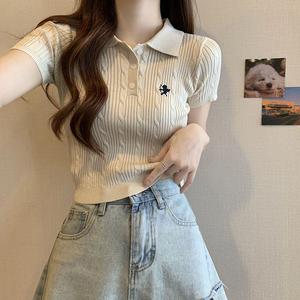 Unique Sweet and Spicy Summer French Niche Fashion Polo Collar Knitted Short Sleeve T-Shirt for Women