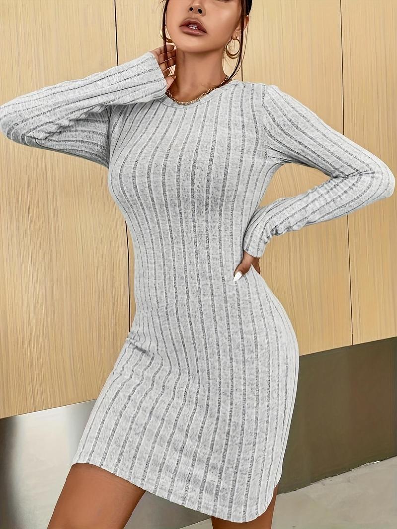 Product Introduction of Women's Plain Round Neck Bodycon Dress, Trendy Long Sleeve Short Dress, Ladies Clothes for Spring & Fall 3