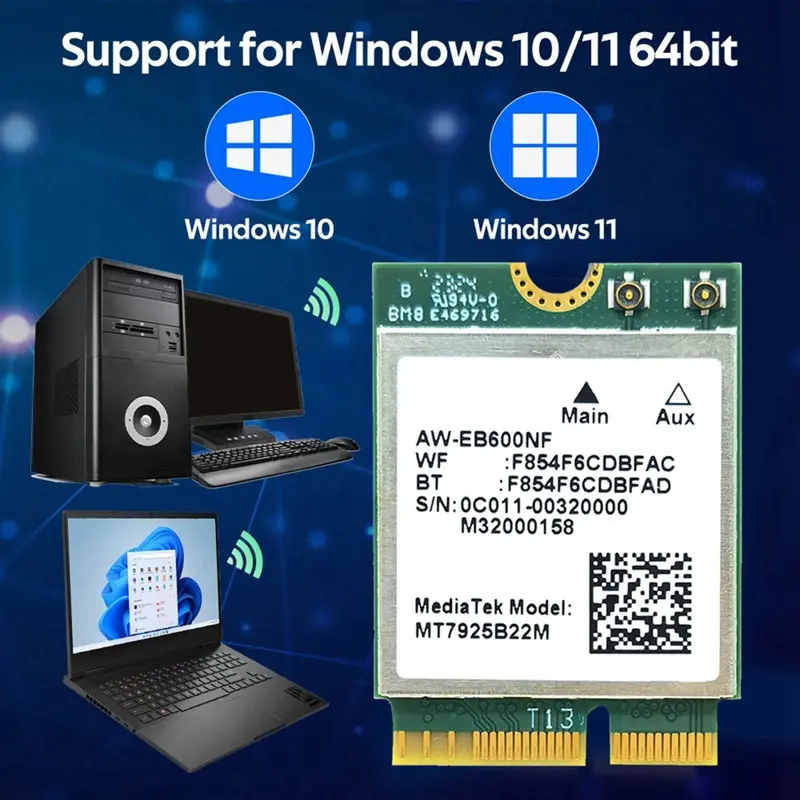 Bộ điều hợp thẻ WiFi MT7925 WIFI 7, 5400Mbps, M.2, Triple Band, 2.4G / 5G / 6G, Bluetooth 5.3, cho Win10 / Win11 Linux 2