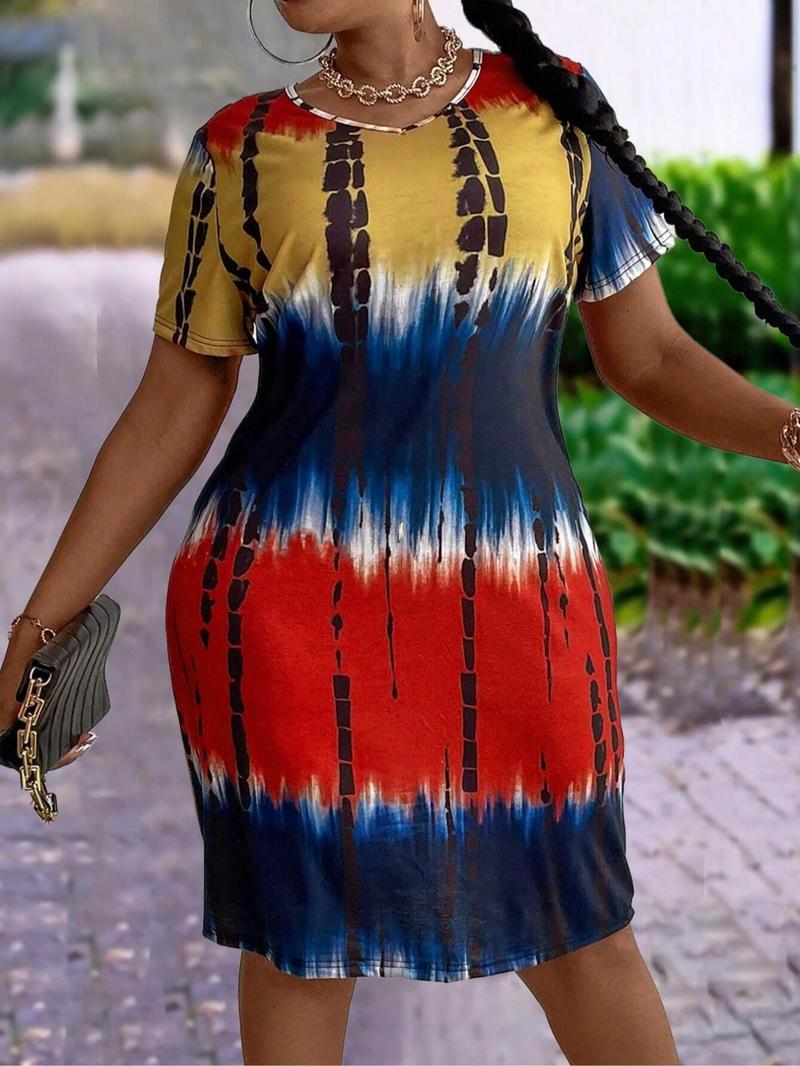 Product Introduction of Women's Plus Size Tie Dye Print Round Neck Tee Dress, Elegant Short Sleeve Crew Neck Dress for Summer, Fashion Women Plus Clothing for Daily Wear 1