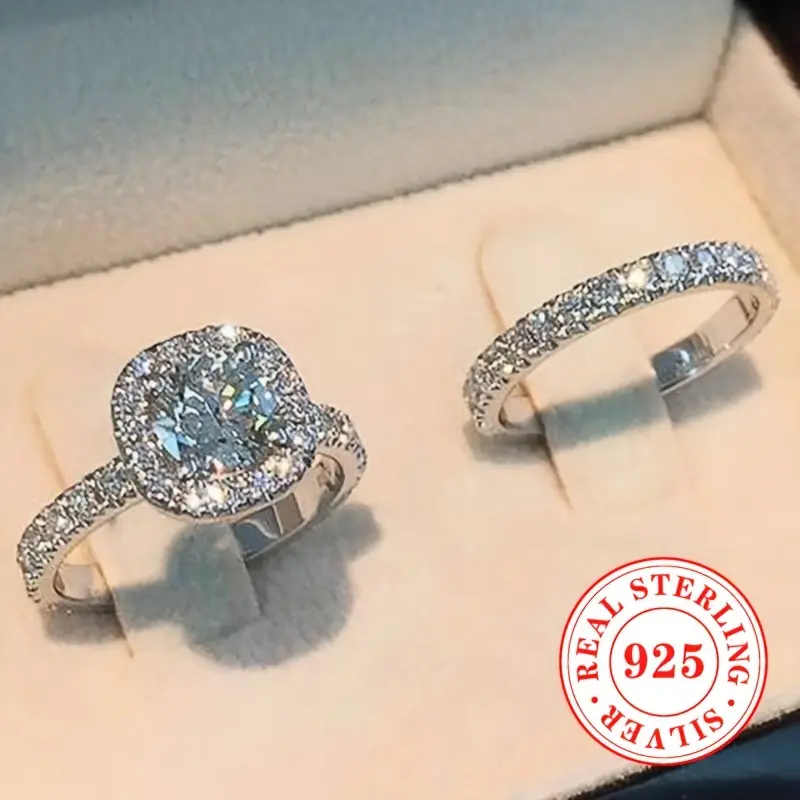 2pcs Women's Ring Set 4.9g S925 Pure Silvery Inlaid Zirconium Ring for Engagement and Wedding Jewelry Accessories 0