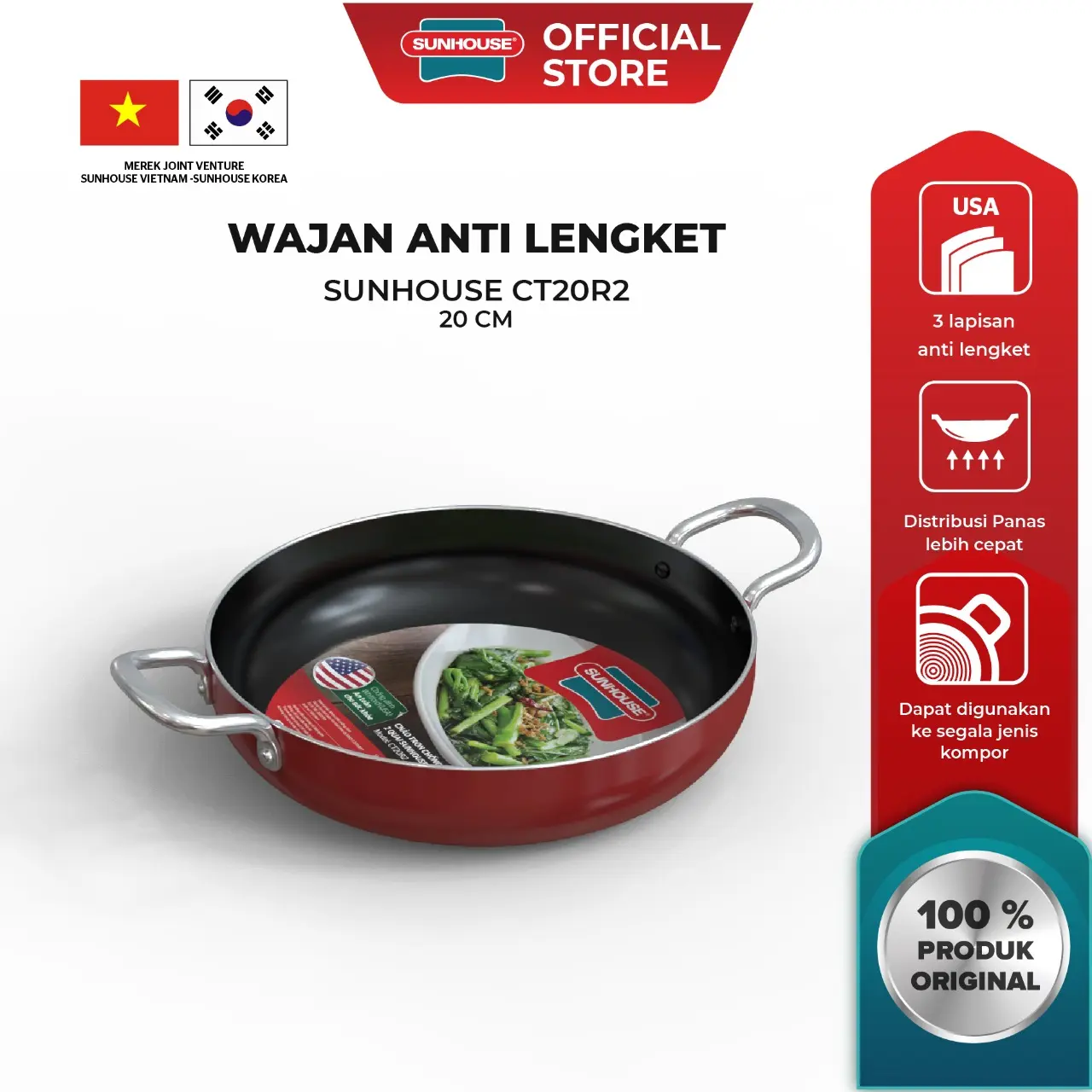 Sunhouse CT20R2 Wajan Pan Anti Lengket Hitam Merah 20 cm 1 Pcs Aluminium Dapur Kitchenware