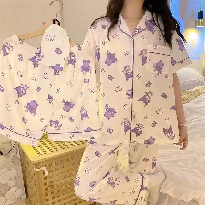 2023 New Summer Short Sleeve Long Pants Thin Cardigan Homewear Ladies Pajamas Three-piece Set