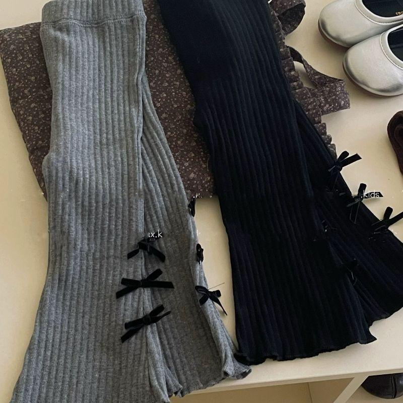 Product Introduction of Girls Flared Pants 2024 Autumn New Korean Style Baby Bow Stretch Sunken Stripe Cotton All-Matching Slim Fit Pants Fashion 7