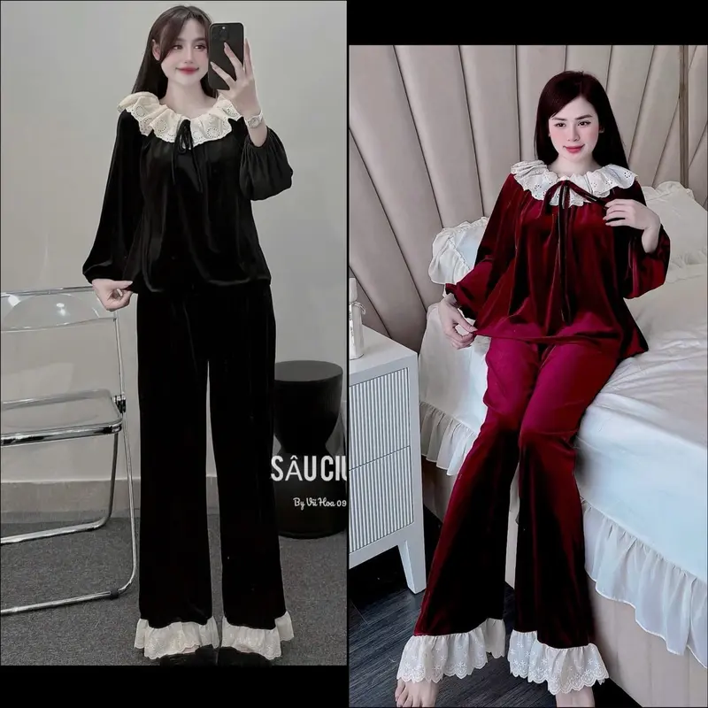 Bộ Ngủ Tiểu Thư Vải Nhung Qc Màu Trơn Phối Ren Dạ Kem, Thiết Kế Cổ Bèo Chun, có 2 màu lựa chọn(đen-đỏ), quần có túi, free size 40-63kg Women 0