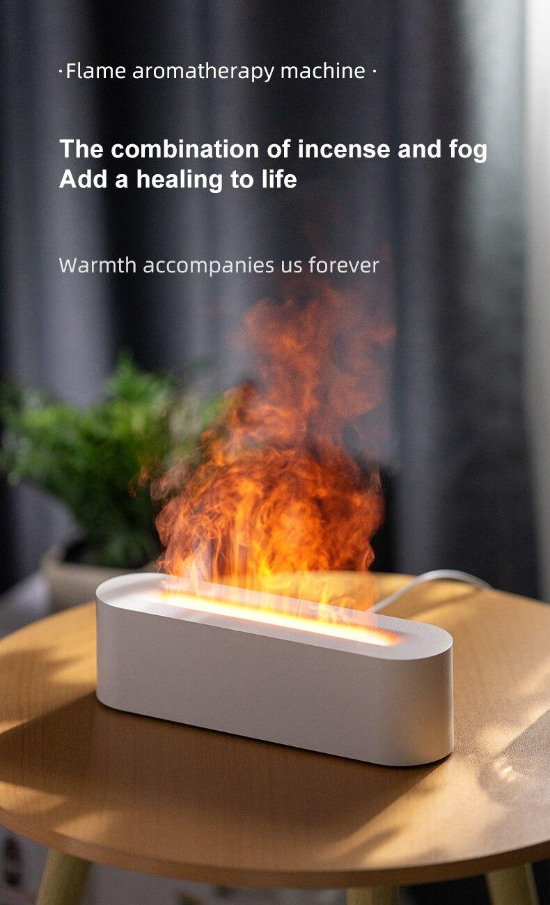 Product Introduction of Flame Aroma Diffuser Humidifier USB Desktop Simulation Light Aromatherapy Purifier Air for Bedroom With 7 Colors 34