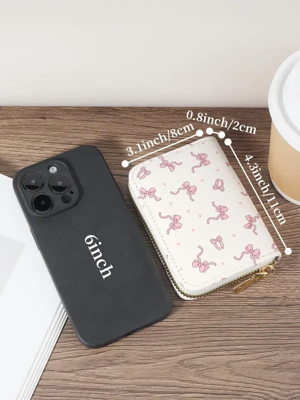 Women's Cute Cartoon Bow Pattern Card Holder, Casual Multi Card Holder with Double Zipper, Simple Casual Multi Card Holder for Outdoor Activities, Travel, and School 1