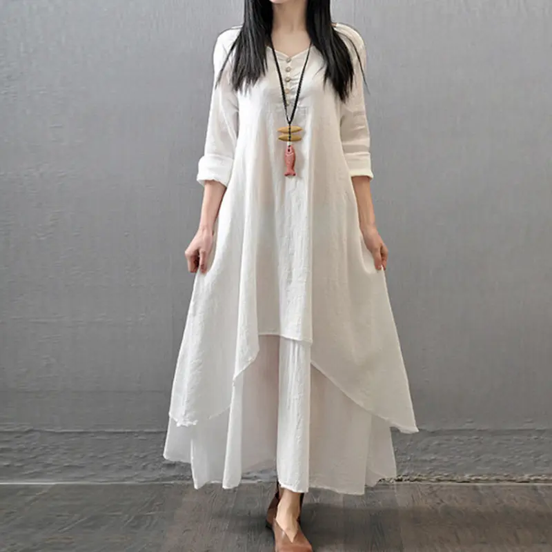 Elegant Chic Cotton Linen Dresses for Women Bohemia Layered Vintage Robe Long Sleeve Loose Dress Oversize Female Autumn Vestidos Casual Womenswear