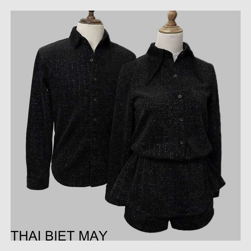 Đồ đôi nam áo sơ mi form rộng, nữ sơ mi liền chân váy nhung tăm kim tuyến dài tay thiết kế phù hợp couple sang trọng phù hợp mùa đông