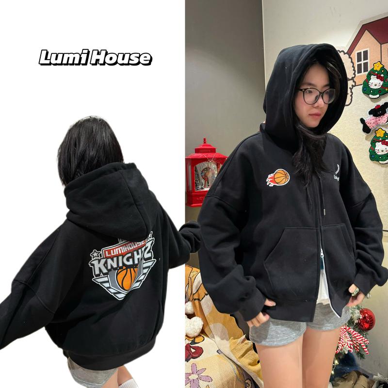 LUMI HOUSE ÁO KHOÁC HOODIE ZIP BOXY MÀU XANH THAN CHẤT NỈ BÔNG DÀY DẶN LOGO LUMISHIN