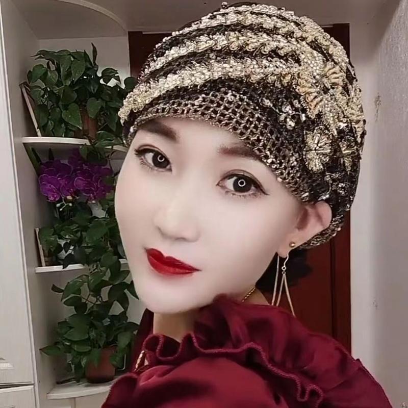 Product Introduction of Glitter Diamonds Embroidery Lace Turban Hats for Women Muslim Headscarf Head Wraps Caps Female Daily Beanie Hair Cover Cap 4