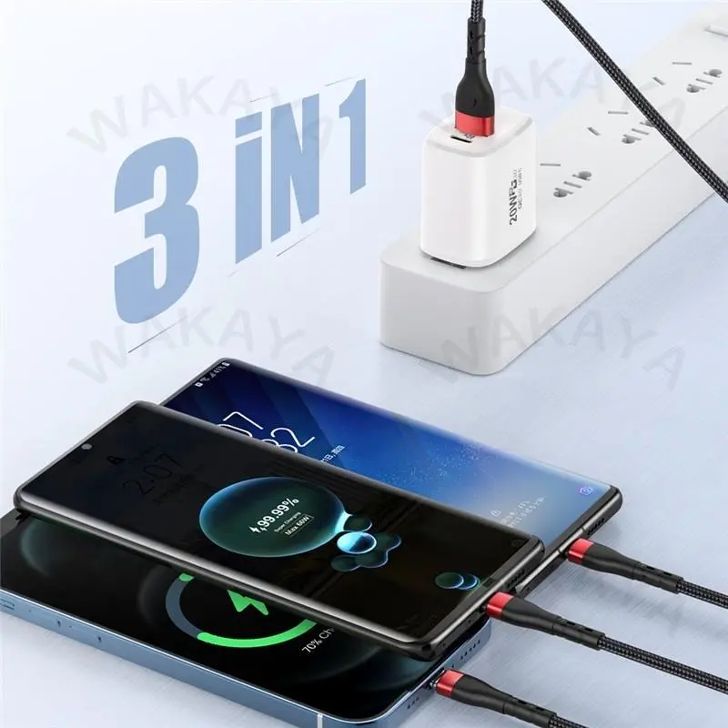 （PP-Centre）  3 in1 siêu nhanh Cáp sạc 6A với đèn báo nylon bện dòng dữ liệu cáp USB để IOS Android Loại C cho điện thoại 6