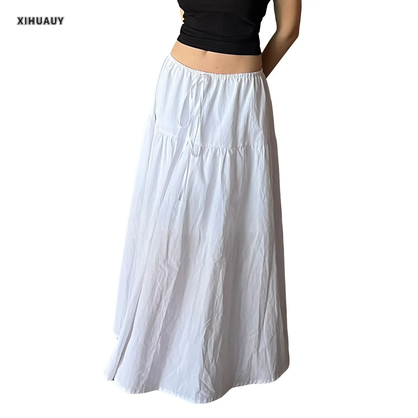 Women Loose A-Line Skirt Solid Color Casual Summer Elastic Drawstring Skirt for Beaches Club Streetwear