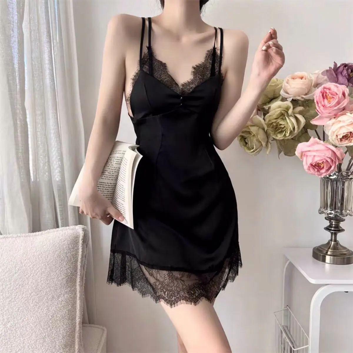 [ĐN21] - Váy Ngủ Lụa Quảng Châu Có Đệm Phối Ren Mềm Mại