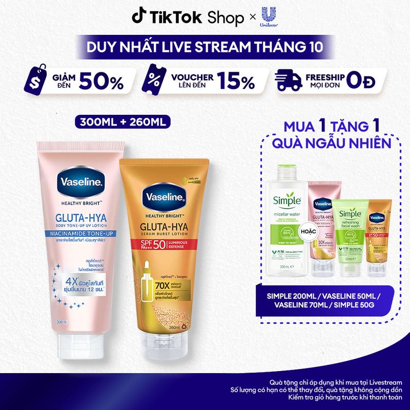 Combo 2 Dưỡng Body Vaseline Gluta-Hya Dưỡng Thể Hỗ Trợ Nâng Tông 300ML và Serum Chống nắng VASELINE Gluta Hya SPF50 260ML [1]