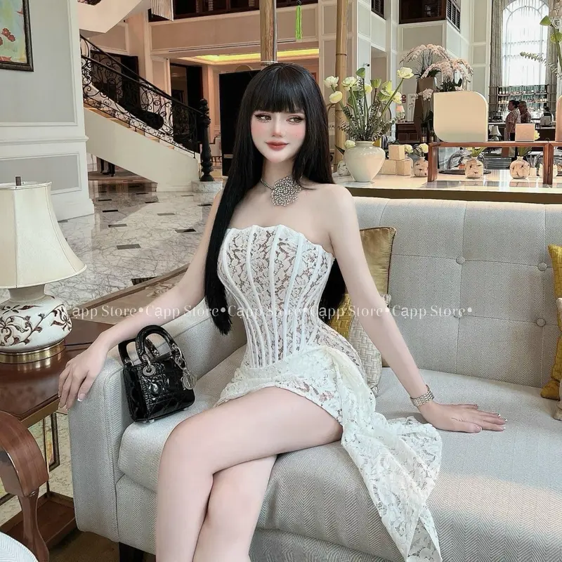 Đầm ren cúp ngực chiết eo đuôi phồng tôn dáng 1