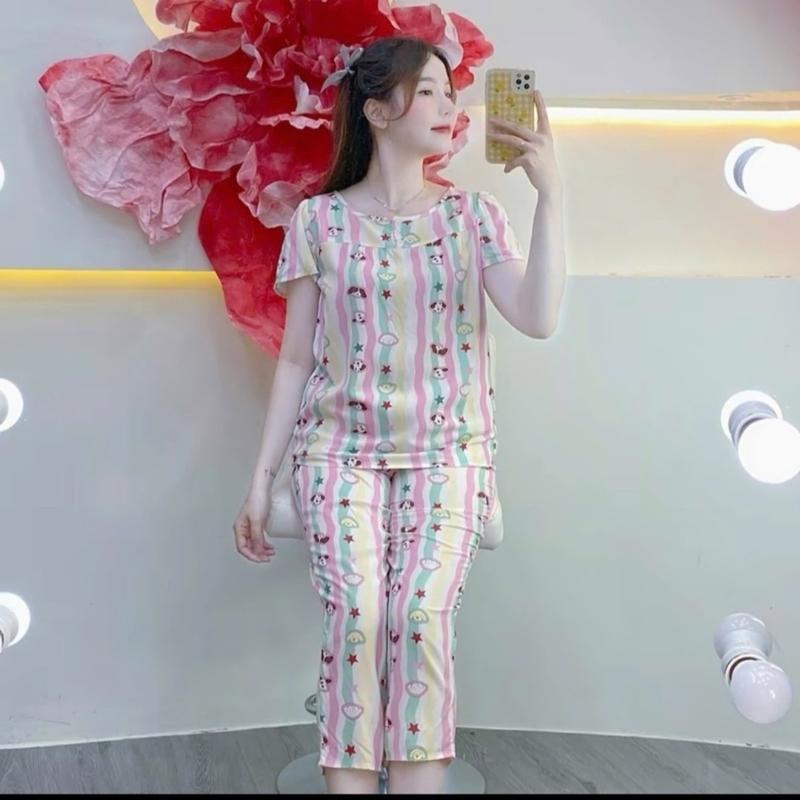 KA77 - Size 3XL (75-80kg) Đồ Bộ Tole Lanh Nữ Áo Tay Ngắn Cổ Tròn 2 Nút Quần 9 Tấc Top 3