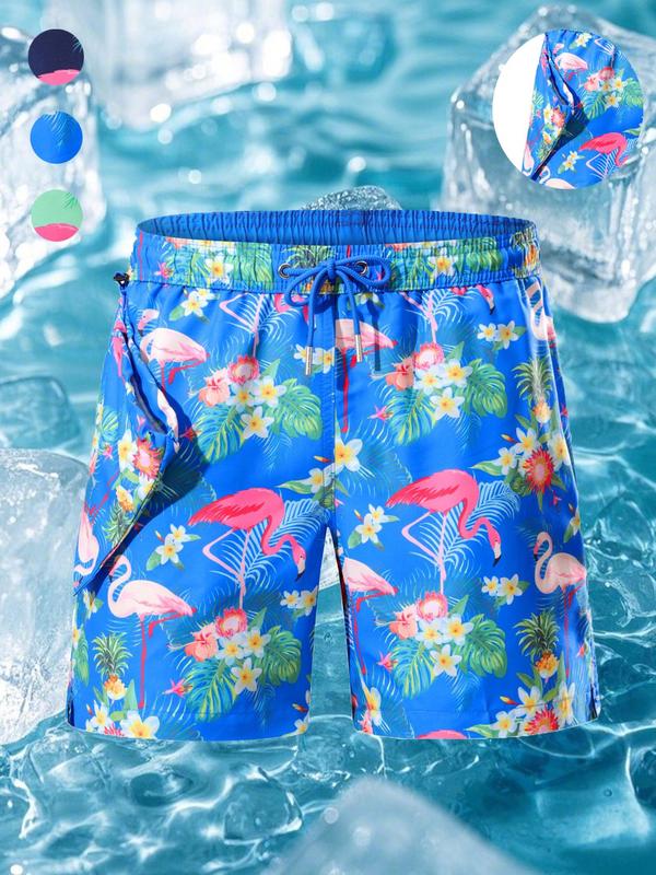 Men's Flamingo Print Swim Shorts, Casual Comfy Breathable Swim Shorts for Summer, Men's Swimwear Bottoms for Beach Swimming 3