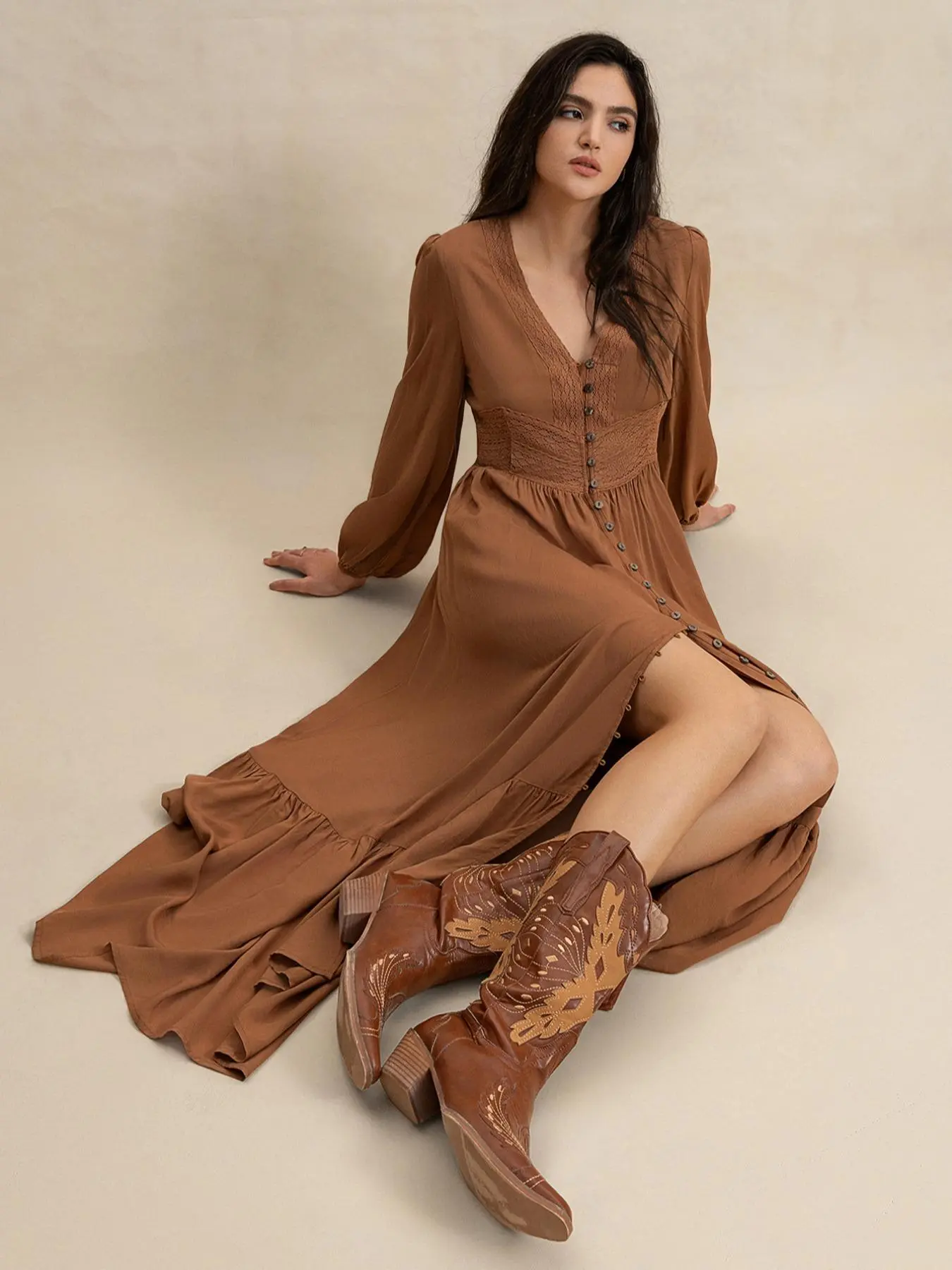 Women's Solid Color V Neck Dress, Casual Bishop Sleeve Dress for Daily Wear, Classy Flattering Ladies Clothes for All Seasons