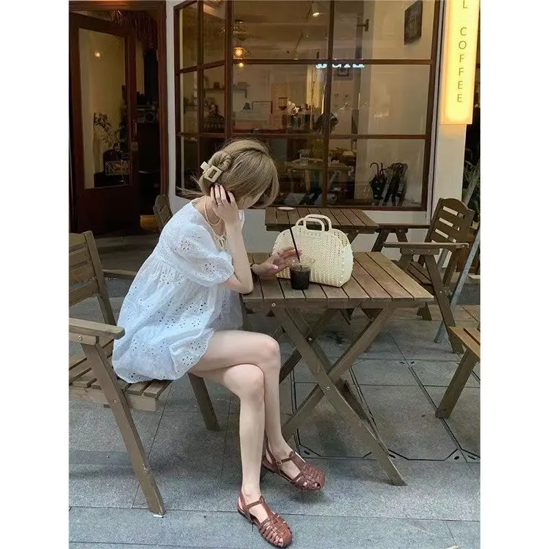 Áo Ren khoét Trắng Kiểu Pháp, Dành Cho Nữ, Dễ Phối Đồ Dáng Rộng Vừa Vặn, Áo Sơ Mi Ngắn Tay, Áo Sơ Mi Tay Phồng 4