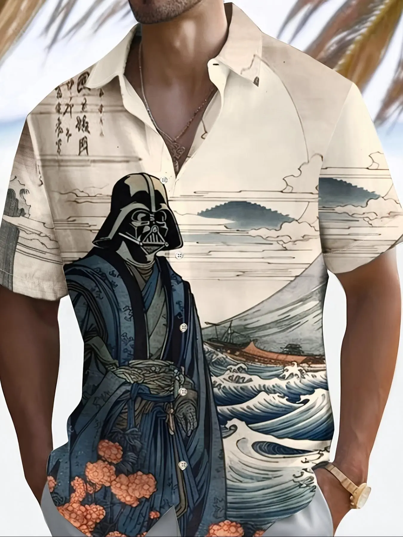 Men's Regular Fit Star & Darth Vader Print Short Sleeve Shirt, Casual All Over Print Top for Summer, Fashion Men's Clothes for Daily Wear
