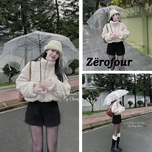 Áo khoác lông khoác kéo tay dài dáng ngắn Cổ Tròn áo khoác croptop Nữ form rộng trơn nhẹ nhàng dễ phối đồ ZEROFOUR